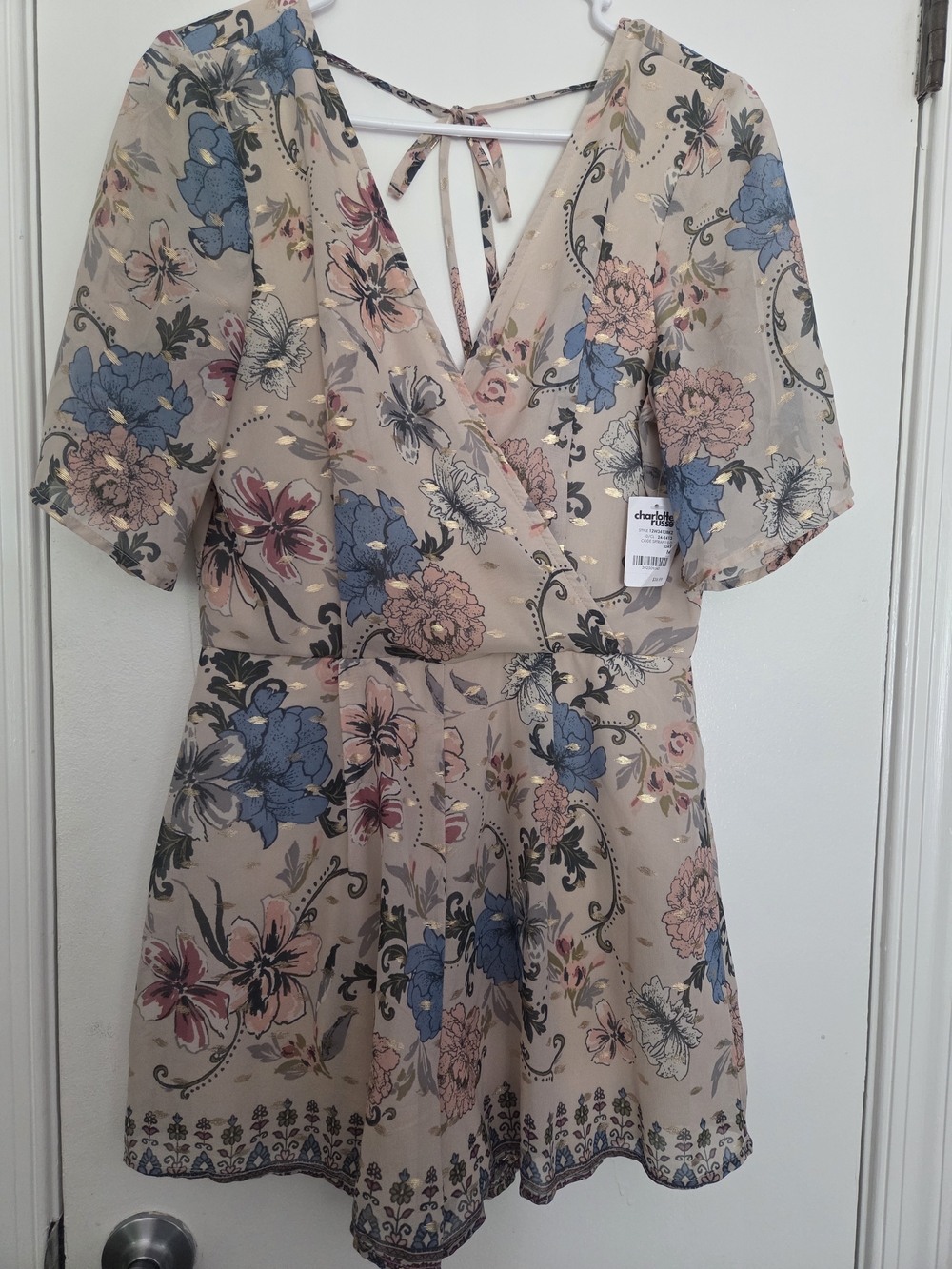 NWT Charlotte Russe Floral & Gold Metallic Clip Dot Romper